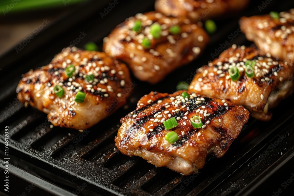 Grilled chicken thighs garnished with green onions and sesame seeds, served hot on a grill. Grilled chicken thighs garnished with green onions and sesame seeds, served hot on a grill.