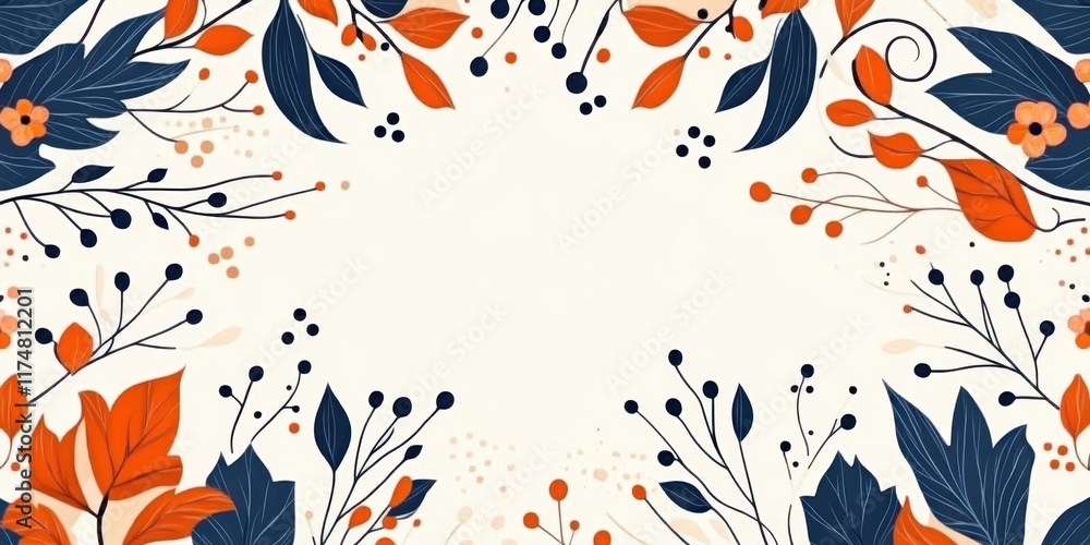 Autumn foliage illustration, minimal flat design, navy blue and orange leaves, abstract floral elements, beige textured background, botanical pattern, stylized nature, vector graphic style, decorative Autumn foliage illustration, minimal flat design, navy blue and orange leaves, abstract floral elements, beige textured background, botanical pattern, stylized nature, vector graphic style, decorative