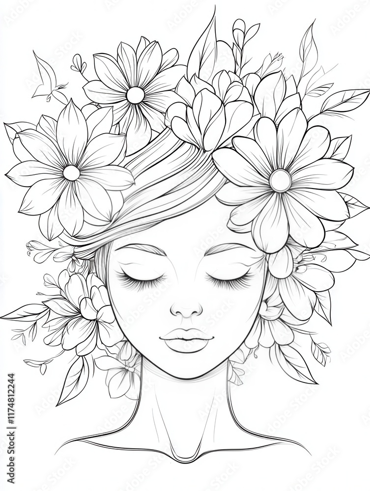 Serene Beauty Surrounded by Delicate Floral Illustrations and Patterns Serene Beauty Surrounded by Delicate Floral Illustrations and Patterns