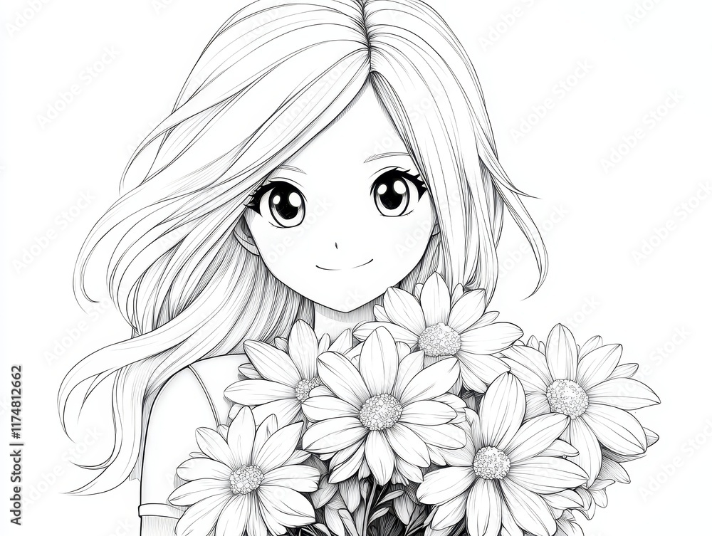 Charming Young Girl Holding a Bouquet of Daisies in Black and White Charming Young Girl Holding a Bouquet of Daisies in Black and White
