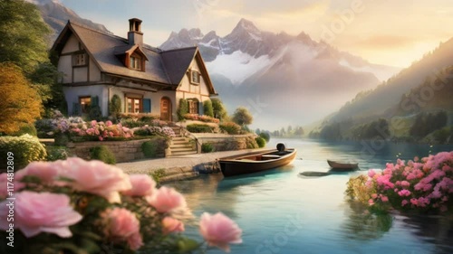 Wooden house by the lake with beautiful view. Smooth 4k video looping