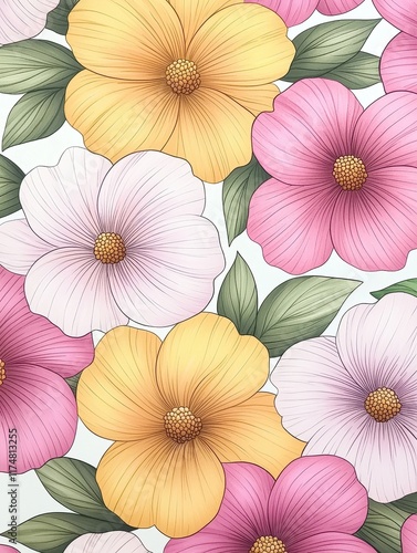 Wallpaper Mural Vibrant Floral Pattern Featuring Pink and Yellow Blossoms on a Light Background Torontodigital.ca