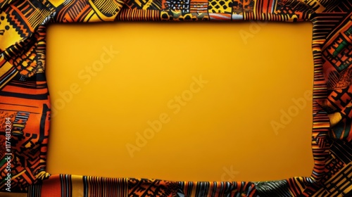 kente cloth forming a vibrant rectangle frame around a central blank space represents African unity and heritage, Black History Month background