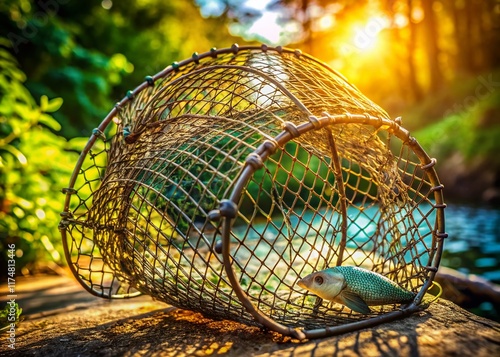 DIY Wire Fish Trap:  Close-up Detailed View of Homemade Fishing Gear photo