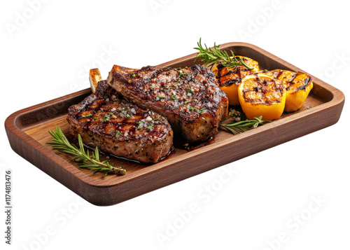 Grilled Lamb Chops with Lemon and Rosemary:  A mouthwatering close-up shot of grilled lamb chops, perfectly seared and seasoned. photo