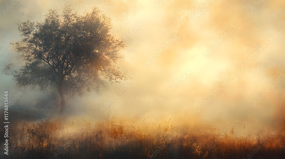 Ethereal landscape with a lone tree shrouded in a misty atmospheric glow of golden light at sunset or dawn Moody dreamlike and mysterious natural scenery in a tranquil serene countryside setting Ethereal landscape with a lone tree shrouded in a misty atmospheric glow of golden light at sunset or dawn Moody dreamlike and mysterious natural scenery in a tranquil serene countryside setting