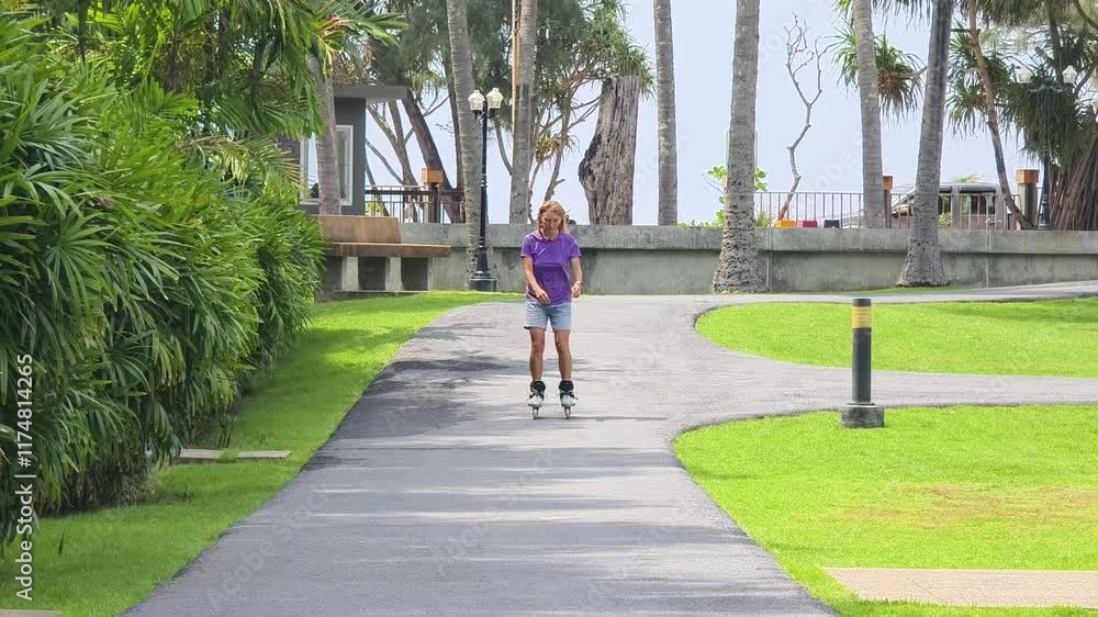 A woman is rollerblading gracefully on a road located in a park A woman is rollerblading gracefully on a road located in a park