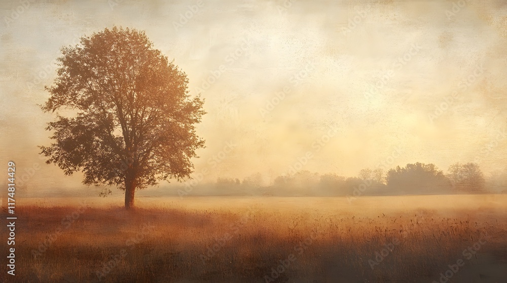 Fototapeta premium Serene and picturesque countryside landscape with a single lone tree standing in a golden autumn field surrounded by a hazy mist and a glowing ethereal sky at sunset A tranquil