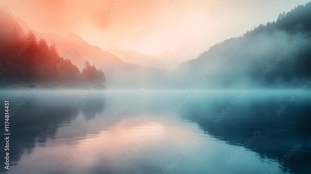 Fototapeta premium Misty mountain lake landscape with reflection of forest covered peaks in tranquil serene wilderness setting Peaceful atmospheric scene with mist and fog creating a moody ethereal ambiance