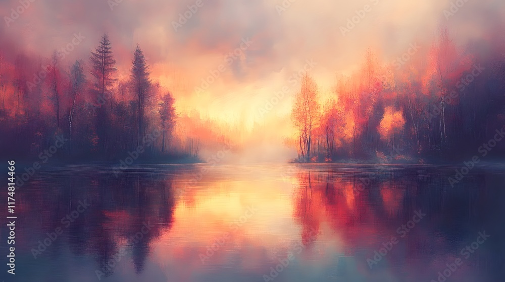 Breathtaking sunset reflection on a tranquil forest lake surrounded by lush tall trees and a vibrant moody sky with dramatic atmospheric lighting This scenic Breathtaking sunset reflection on a tranquil forest lake surrounded by lush tall trees and a vibrant moody sky with dramatic atmospheric lighting This scenic