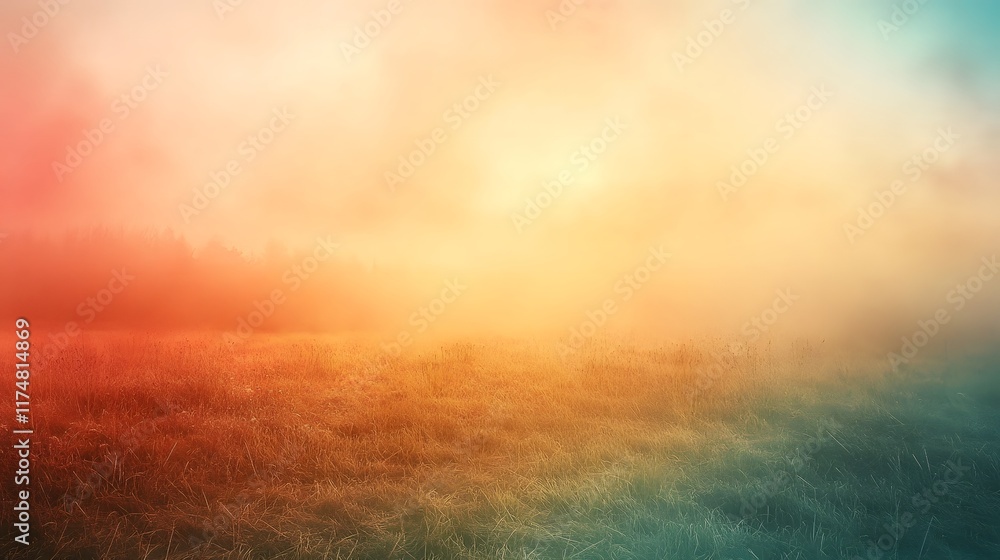 Obraz premium Breathtaking view of a misty golden lit meadow landscape at the break of dawn or dusk The serene tranquil scene features a glowing hazy sky with a warm ethereal ambiance