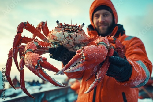 A smiling man holds a large, red crab against a wintery backdrop, showcasing the essence of seafood fishing. photo