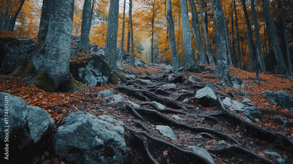 Serene Daylight in a Tranquil Forest Terrain with Craggy Rocks and Exposed Roots, Embracing the Calmness of January's Orange-Hued Landscape Serene Daylight in a Tranquil Forest Terrain with Craggy Rocks and Exposed Roots, Embracing the Calmness of January's Orange-Hued Landscape