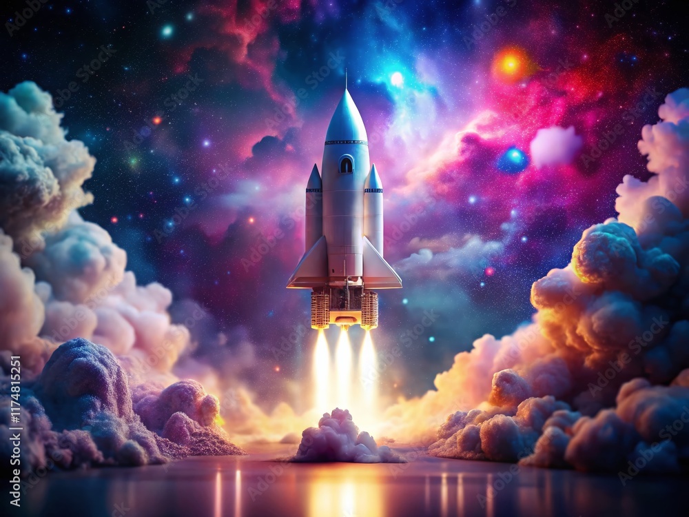 Fototapeta premium Double Exposure: Futuristic Rocket Toy & Space Nebula