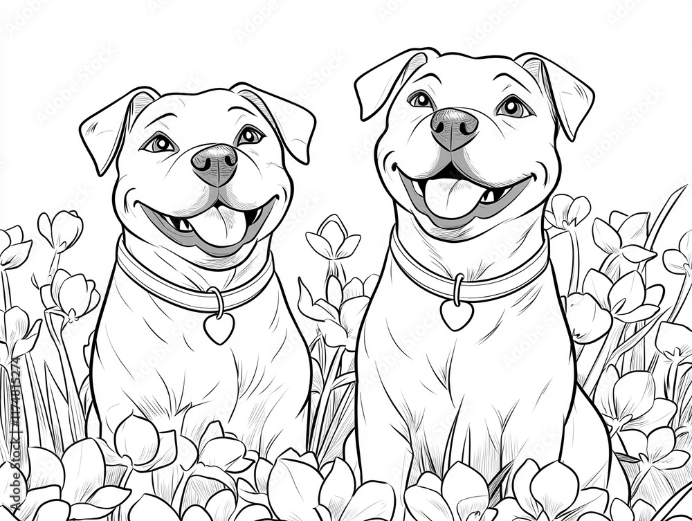 Fototapeta premium Two Happy Dogs Sitting Among Colorful Flowers in a Garden