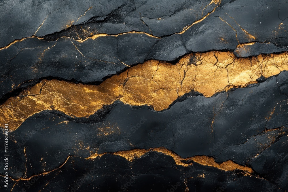 A striking black and gold abstract design showcasing intricate cracks and textures A striking black and gold abstract design showcasing intricate cracks and textures