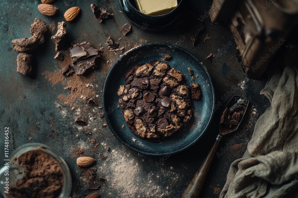 Freshly baked chocolate cookies on a rustic plate, accented with almonds and scattered chocolate pieces. Freshly baked chocolate cookies on a rustic plate, accented with almonds and scattered chocolate pieces.