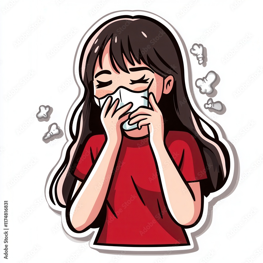 Cartoon woman sneezing into tissue illustration
Cartoon woman sneezing into tissue illustration