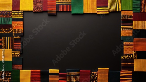 Vibrant kente cloth patterns frame with open space, a visual of African heritage, Black History Month background