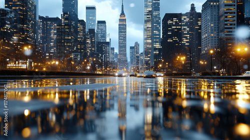 vibrant city skyline at night with reflections on wet streets © siraphol