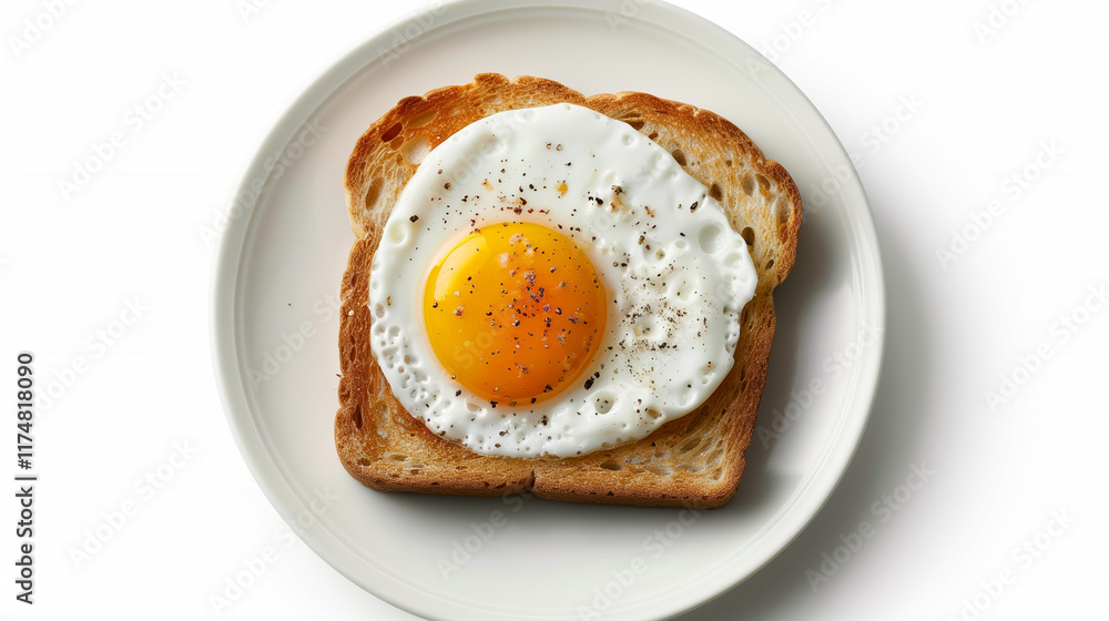 A single fried egg on toast, on a white plate, isolated against a plain background A single fried egg on toast, on a white plate, isolated against a plain background