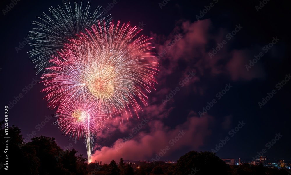 Vibrant fireworks illuminate the night sky Vibrant fireworks illuminate the night sky
