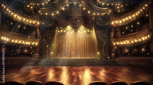 Elegant Theater Stage with Glowing Curtain and Warm Atmosphere