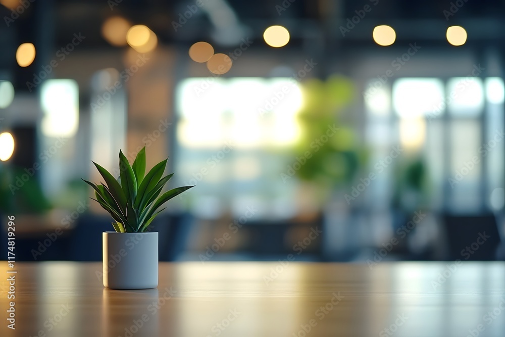 Organized and Modern Workplace with Potted Plant on Desk in Blurred Office Organized and Modern Workplace with Potted Plant on Desk in Blurred Office