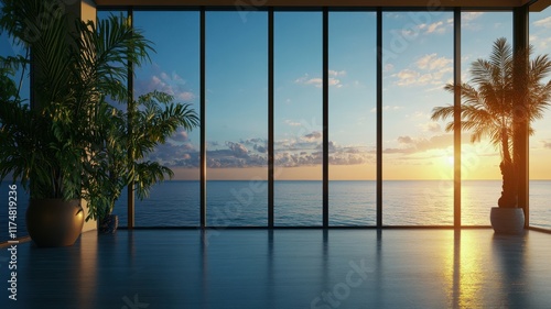 A luxurious villa with floor-to-ceiling windows offers breathtaking views and exquisite modern living.