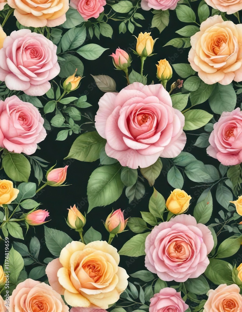 Whimsical watercolor design with pink and yellow rose blooms and greenery, crafting, vintage wedding, gentle colors, beautiful composition, artistic background Whimsical watercolor design with pink and yellow rose blooms and greenery, crafting, vintage wedding, gentle colors, beautiful composition, artistic background