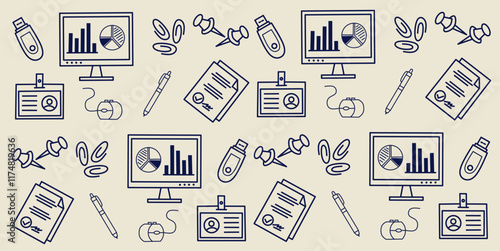 Office equipment pattern such as computer containing chart and graph, pen, paperclips, pins, flash drive, name tag, identity card, file document. Business doodle background.