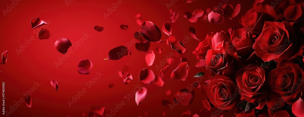 Red roses and falling petals on red background. Red roses and falling petals on red background.