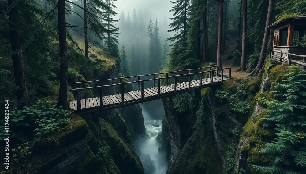 Fototapeta premium Wooden Bridge Over Gorge in Misty Forest