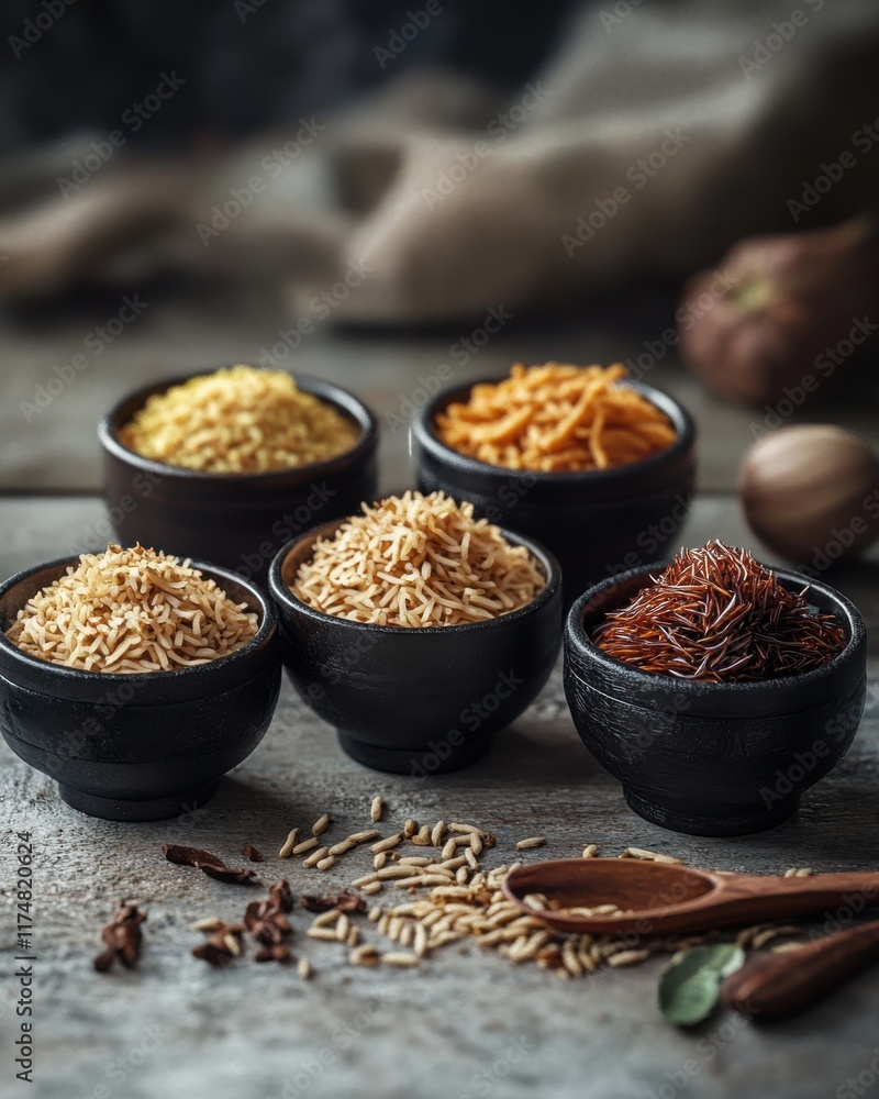 Colorful spices in black bowls, showcasing a vibrant array of textures and flavors in a rustic setting. Colorful spices in black bowls, showcasing a vibrant array of textures and flavors in a rustic setting.