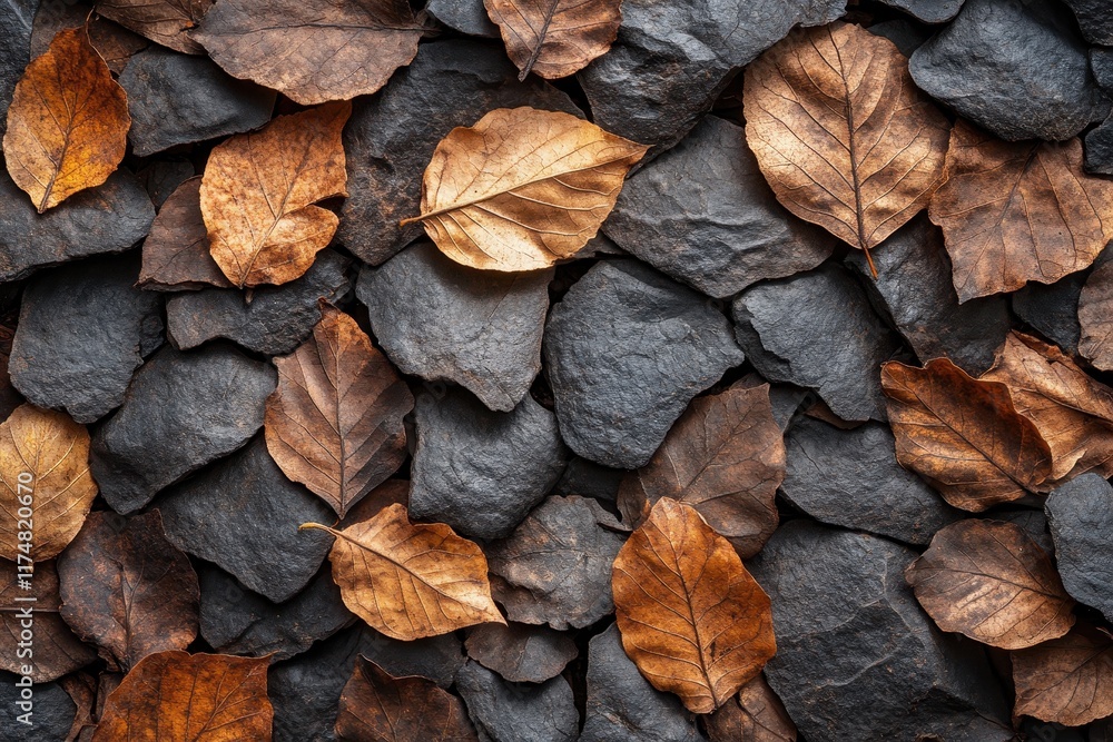 Fallen leaves contrast against dark stones in autumn landscape Fallen leaves contrast against dark stones in autumn landscape