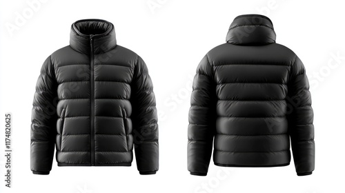 Isolated Black Down Jacket Mockup: Front and Back Views for Winter Sports Design