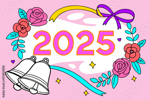 2025 New Year Design: Doves, Rainbow, Hearts, Floral, Romantic Illustration