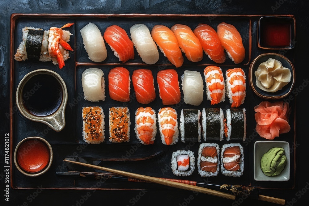 Exquisite Sushi Platter: Colorful Seafood Delicacies Featuring Sashimi, Shrimp, and Salmon on a Traditional Asian Cuisine Background Exquisite Sushi Platter: Colorful Seafood Delicacies Featuring Sashimi, Shrimp, and Salmon on a Traditional Asian Cuisine Background