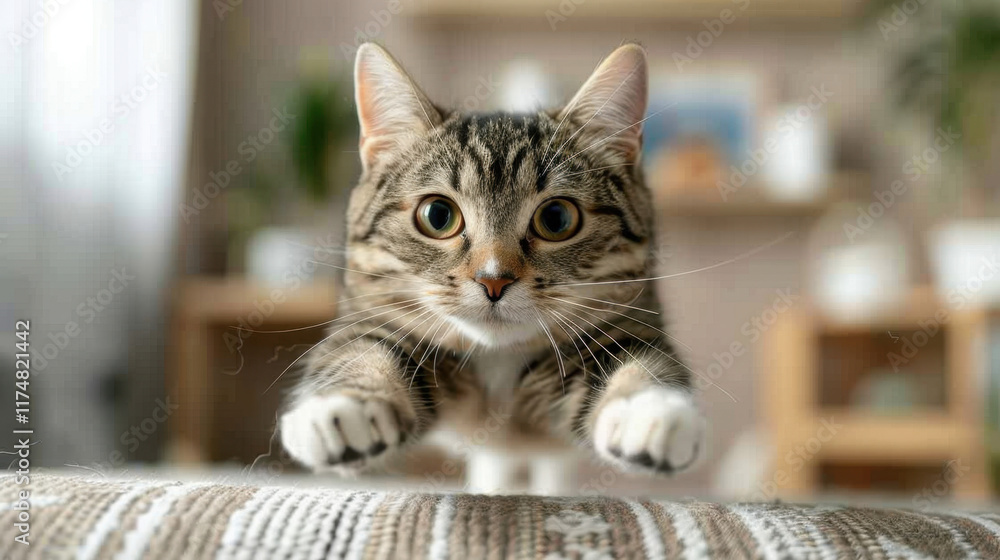 A playful tabby kitten captured mid-jump on a patterned surface in a bright, cozy indoor setting, showcasing its energetic and curious nature.
A playful tabby kitten captured mid-jump on a patterned surface in a bright, cozy indoor setting, showcasing its energetic and curious nature.