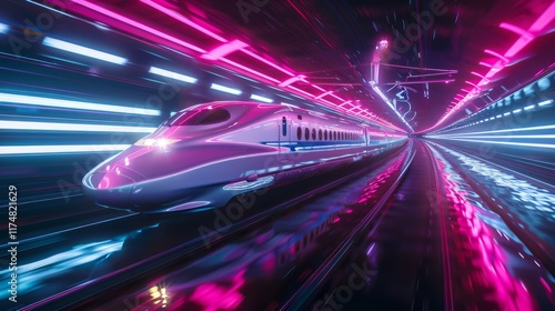 Futuristic High-Speed Train in Neon Tunnel with Vibrant Lights