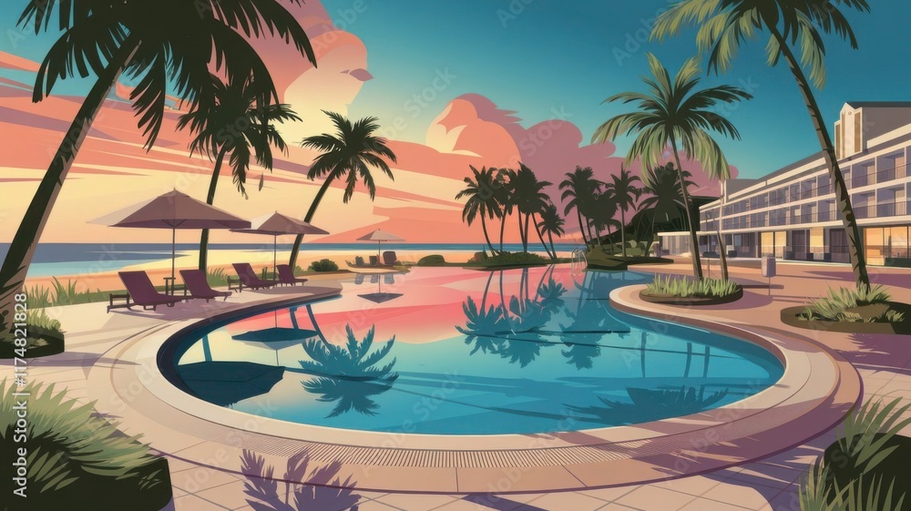 Fototapeta premium Highly detailed illustration of a luxury tropical beach resort with an infinity pool, palm trees, and sunset.