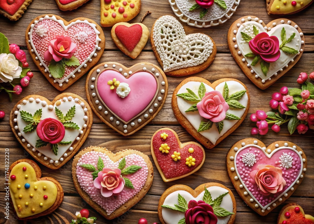 Fototapeta premium Drone View: Valentine's Day Cookies, Intricate Designs, Cozy Surface