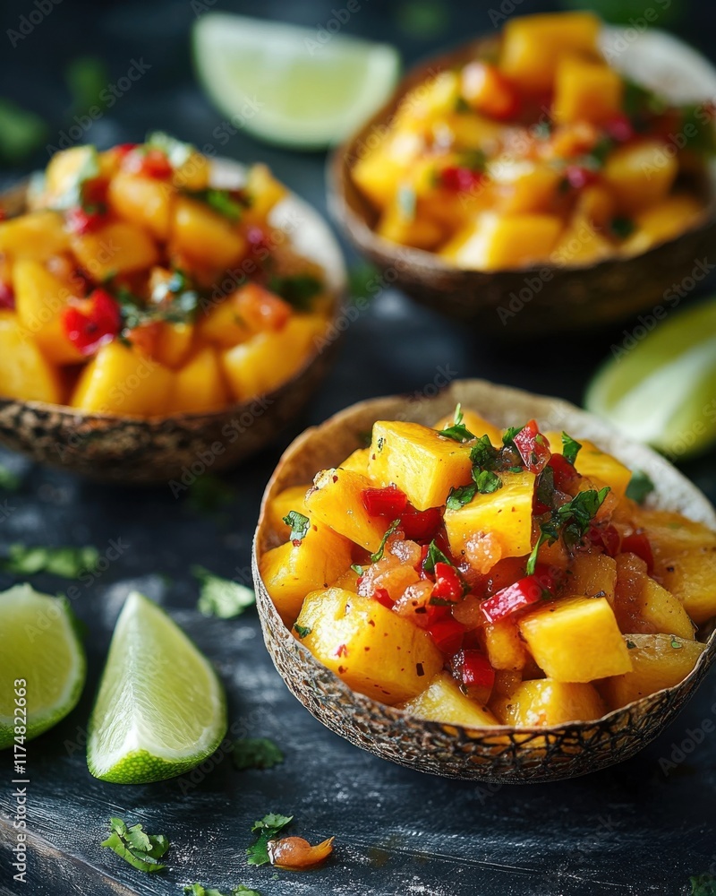 Colorful mango salsa in textured bowls, garnished with cilantro and lime, highlighting fresh ingredients. Colorful mango salsa in textured bowls, garnished with cilantro and lime, highlighting fresh ingredients.