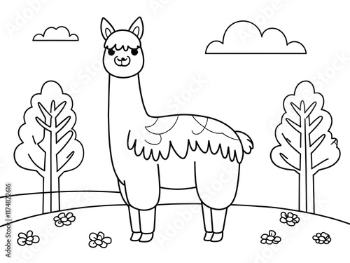 Coloring page for adults and kids with funny llama. Black and white. Vector illustration photo