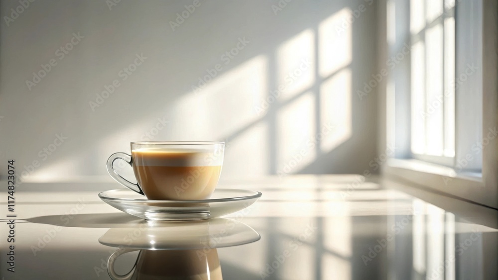 Obraz premium A glass of creamy coffee sits on a saucer, bathed in the soft glow of sunlight streaming through a nearby window. The reflection on the table enhances the peaceful ambiance.