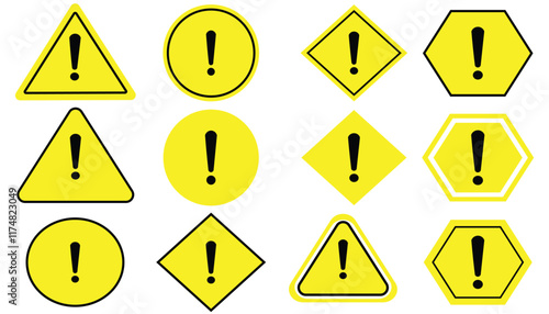 Attention sign caution warning icon set. Danger Exclamation mark symbol. Yellow and red triangular warning alarm, danger sign, fatal error message element.