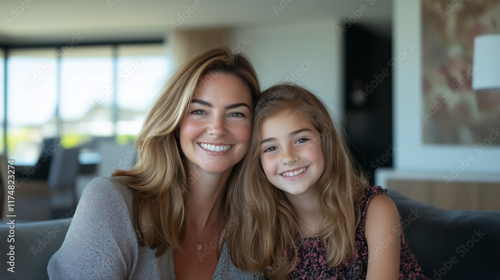 A portrait photo of a beautiful mother and daughter sitting on a sofa. This photo is useful for print advertisements and for digital as well. A portrait photo of a beautiful mother and daughter sitting on a sofa. This photo is useful for print advertisements and for digital as well.