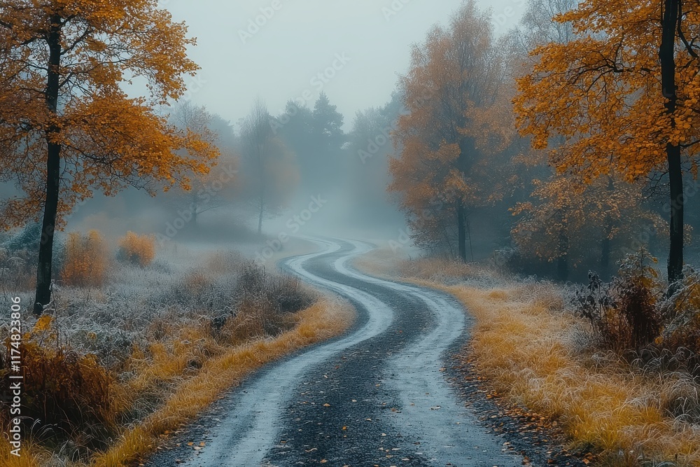 Winding road through an autumn forest shrouded in morning fog in a tranquil countryside setting Winding road through an autumn forest shrouded in morning fog in a tranquil countryside setting