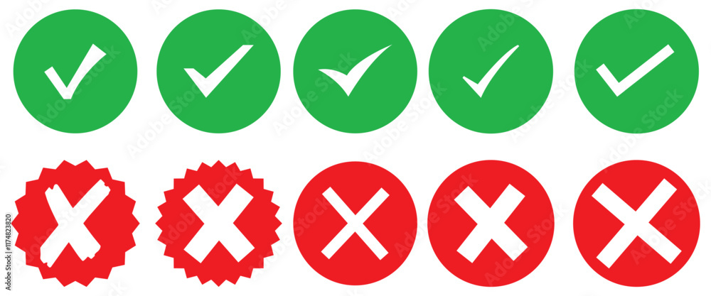 Green checkmark tick and red cross icon set. Checklist signs, approval badge, correct vote choice check box with right and wrong buttons and yes or no checkmark icons. Green checkmark tick and red cross icon set. Checklist signs, approval badge, correct vote choice check box with right and wrong buttons and yes or no checkmark icons.