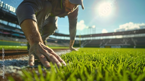 Groundskeeper Preparing Baseball Field Under Bright Sunlight